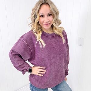 Moon Ryder Plum Acid Mineral Wash Corded 100% Cotton Pull Over Crew Sweatshirt